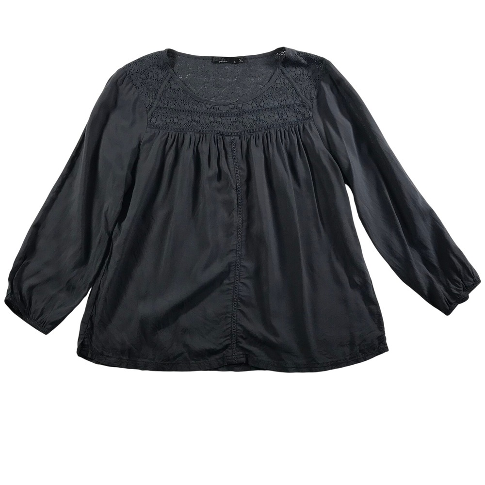 Prana‎ Womens Gray Crochet Lace Yoke Boho Peasant Blouse Long Sleeve Top Large